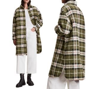 New! AllSaints Tia Plaid Wool Blend Oversized Shirt Jacket Shacket Longline Coat